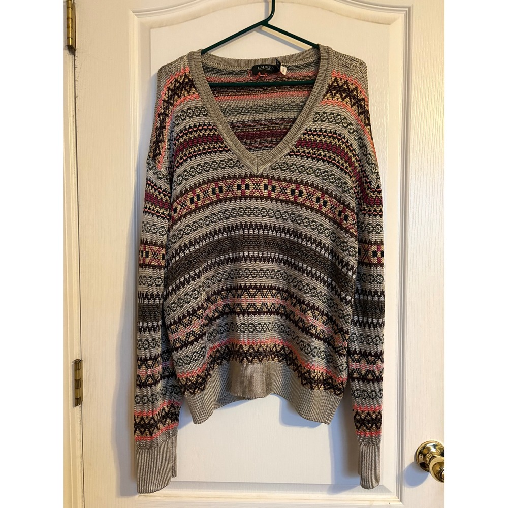 Lauren Ralph Lauren Sweater Women XXL Grey Fair Isle V-Neck Knit Top Preppy